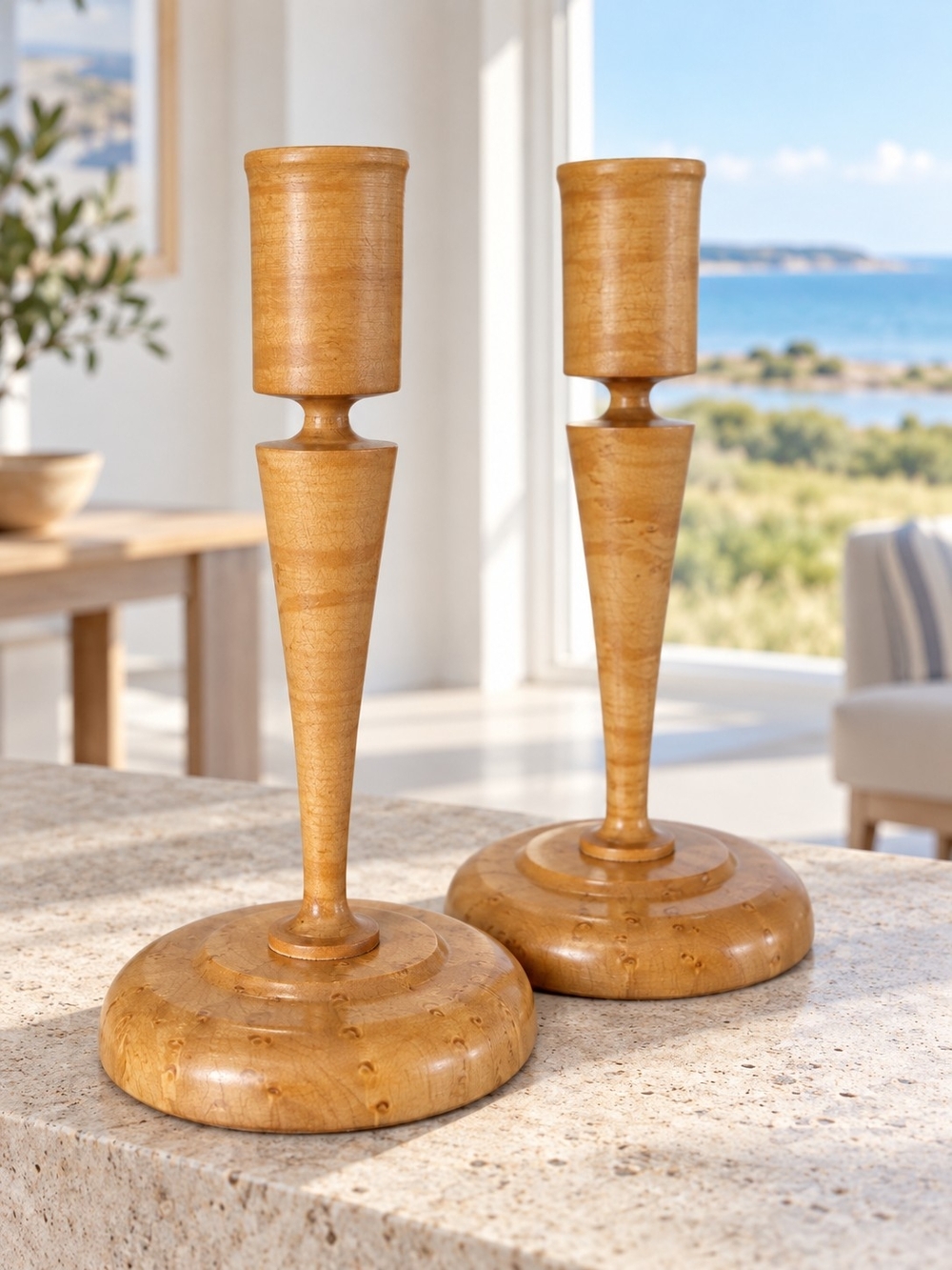 Vintage Leavitt's PEI Birdseye Maple Wood Candlestick Holders Pair 7.5"
